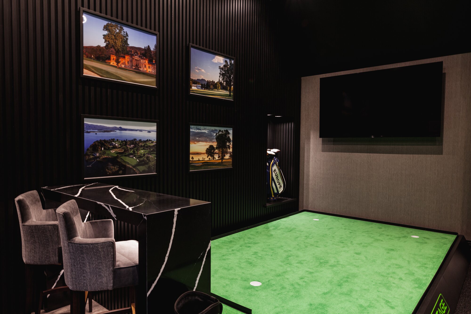 Golf simulator and bar overview